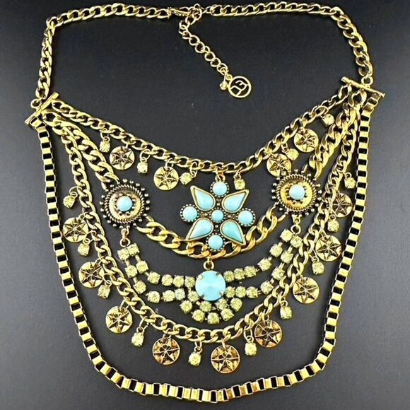 Erica Lyons Gold Tone Turquoise Blue & Green Statement Necklace - Picture 1 of 4